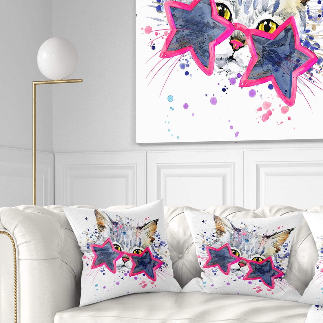 Designart Cute Kitten with Blue Stars - Animal Throw Pillow - 18x18