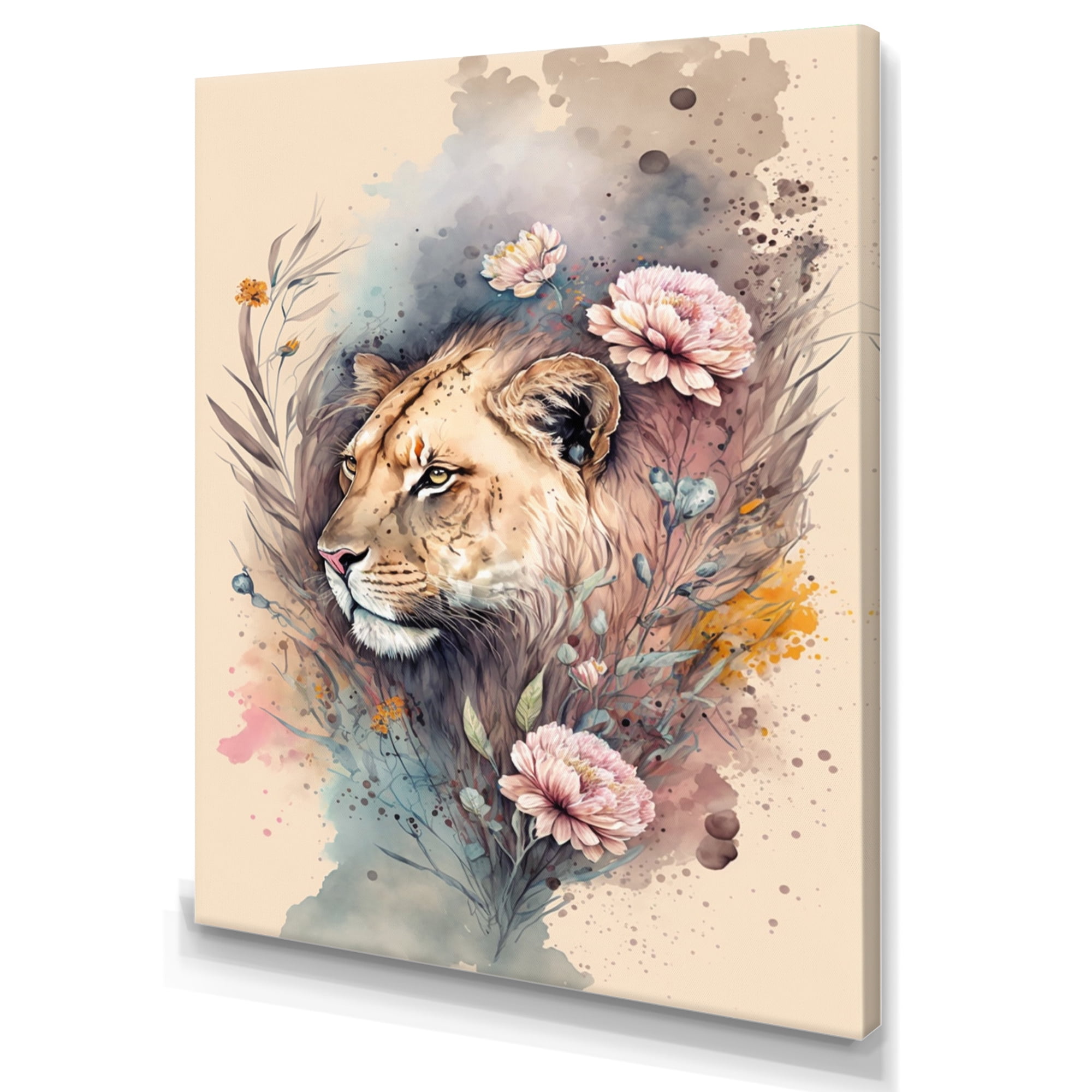 Designart Cute Lions Floral Art 3 Canvas Wall Art