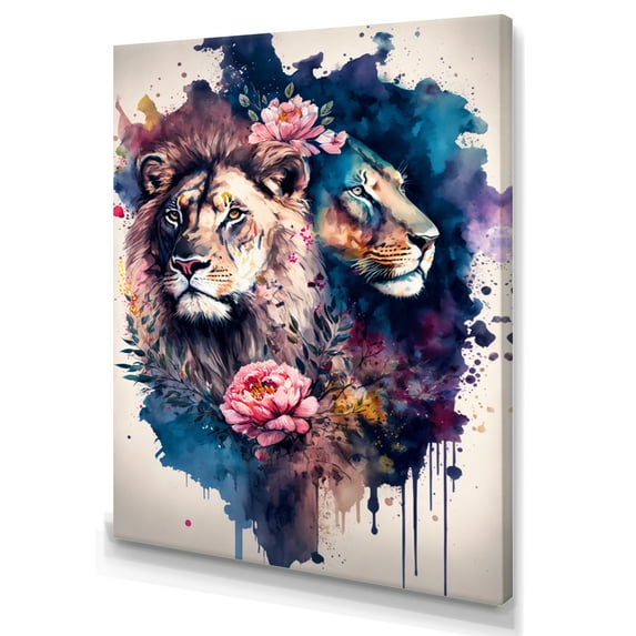 Designart Cute Lions Floral Art I Canvas Wall Art