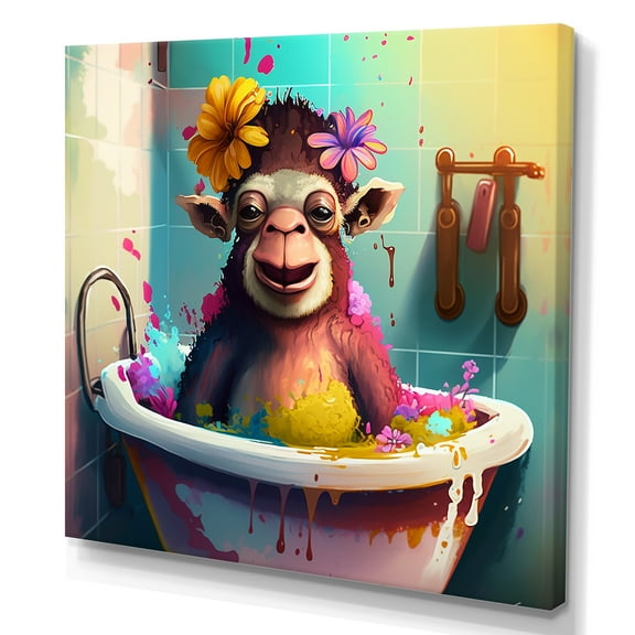 Designart Cute Monkey Taking A Bath Canvas Wall Art