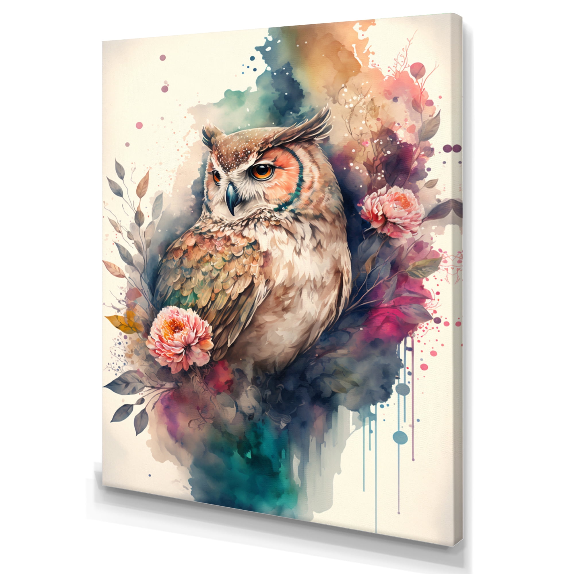 Designart Cute Owls Floral Art II Canvas Wall Art