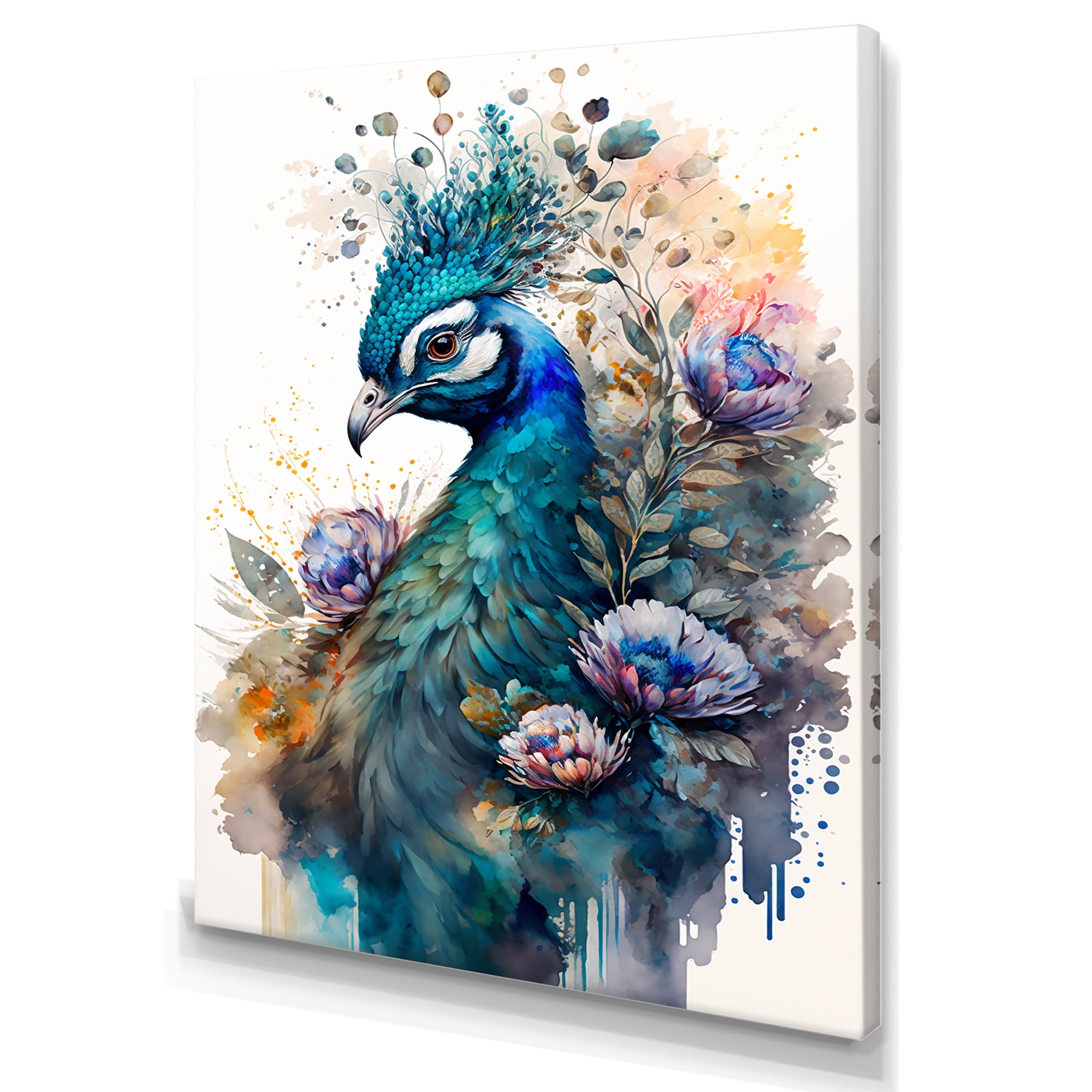 Designart Cute Peacock Floral Art II Canvas Wall Art