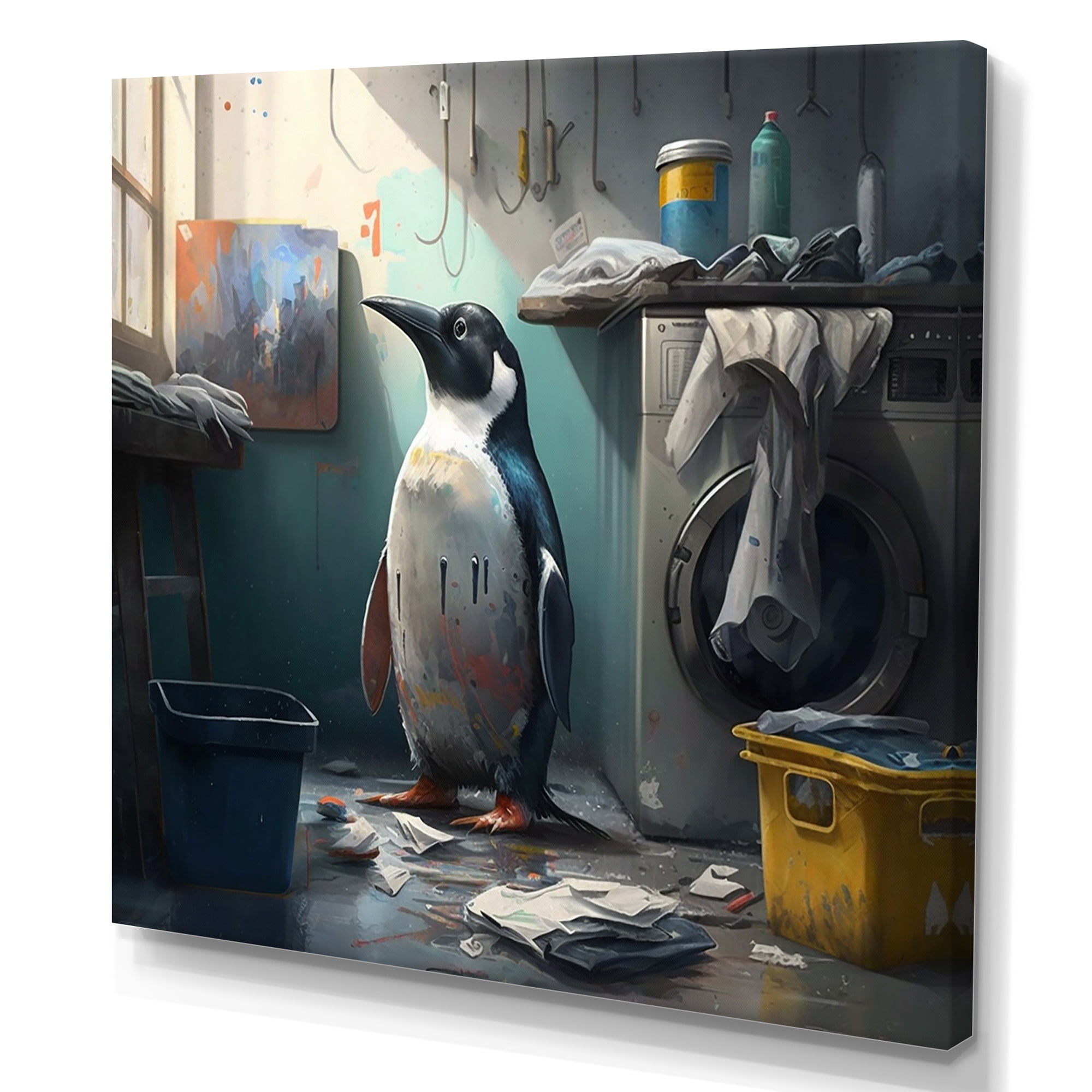 Designart Cute Penguin Doing Laundry Canvas Wall Art