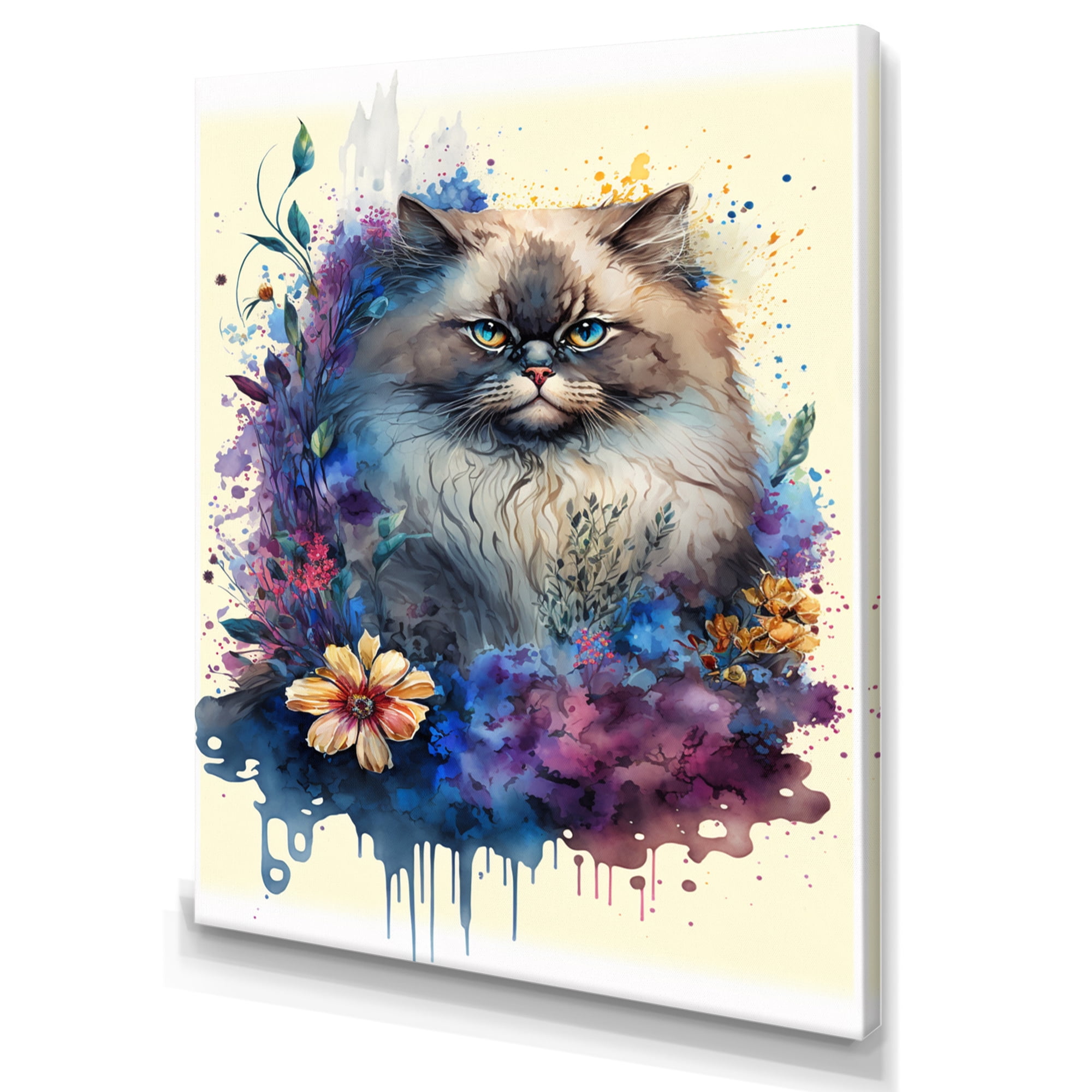 Designart Cute Persian Cat Floral Art II Canvas Wall Art