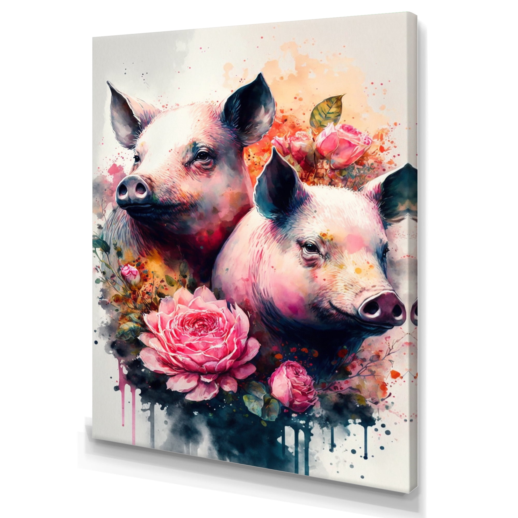 Designart Cute Pigs Floral Art Canvas Wall Art