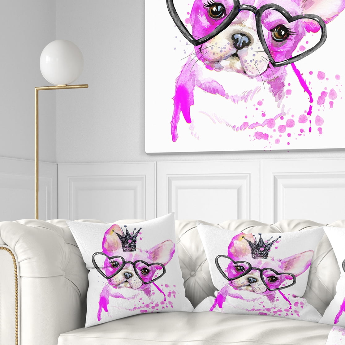 Designart Cute Pink Dog with Heart Glasses - Contemporary Animal Throw Pillow - 18x18