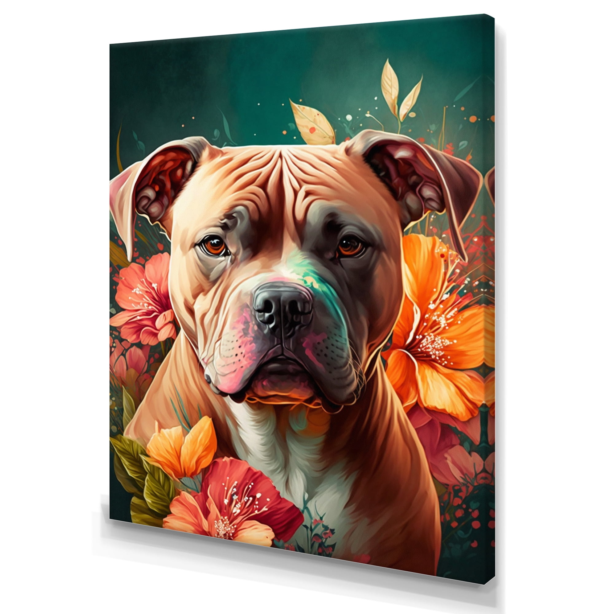 Designart Cute Pitbul Floral Art I Canvas Wall Art