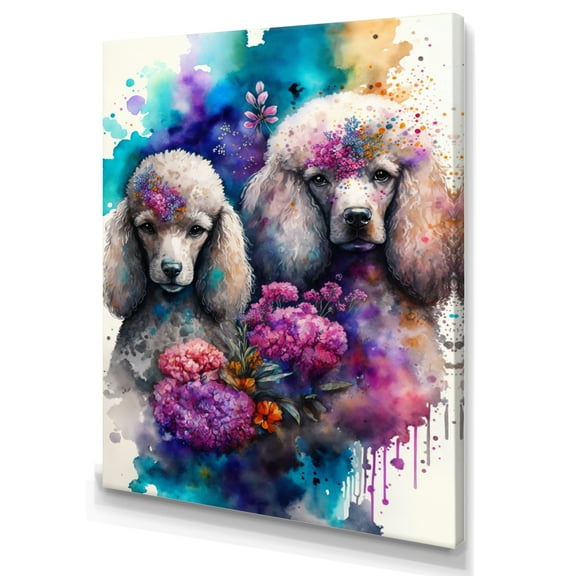 Designart Cute Poodles Dog Floral Art Canvas Wall Art