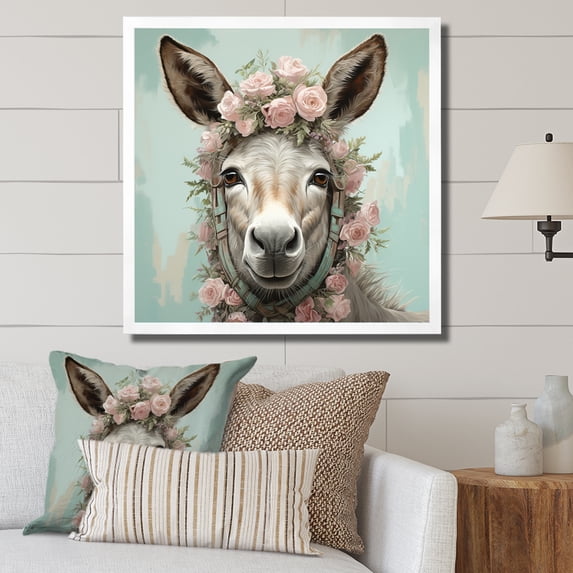Designart "Cute Portrait of Floral Donkey" Animals Framed Wall Art Decor - Modern Grey Donkey Entryway Framed Wall Art Print