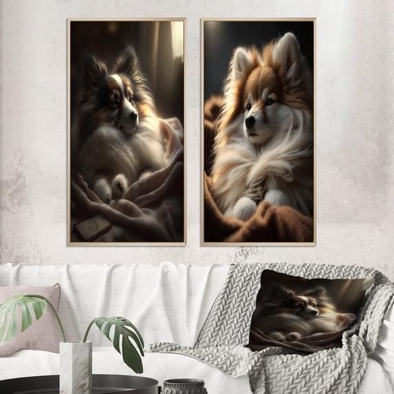 Designart "Cute Puppy Bathed in Morning Sunlight I" Animals Dog Framed Wall Art Set Of 2 - Children's Art Black Framed Canvas Set For Living Room Decor