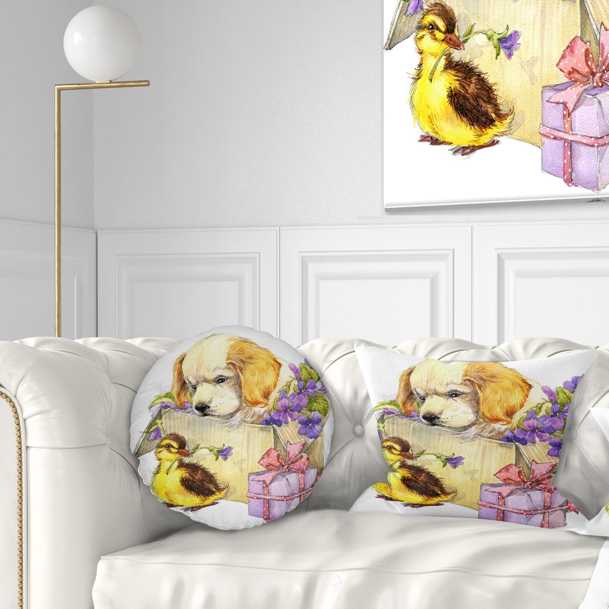 Designart Cute Puppy Dog and Duck - Contemporary Animal Throw Pillow - 12x20