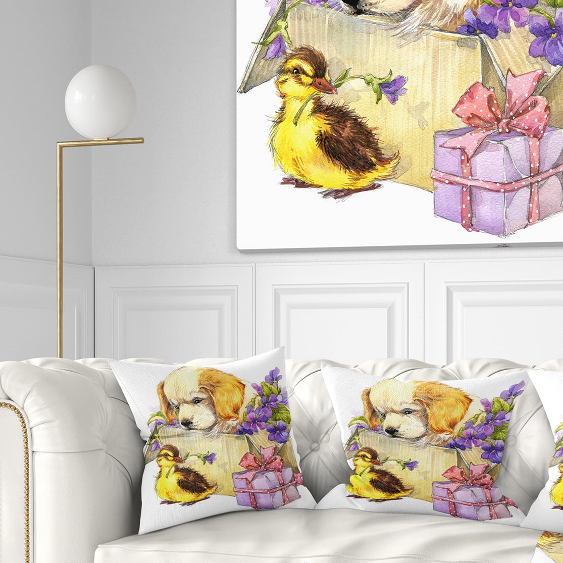 Designart Cute Puppy Dog and Duck - Contemporary Animal Throw Pillow - 16x16