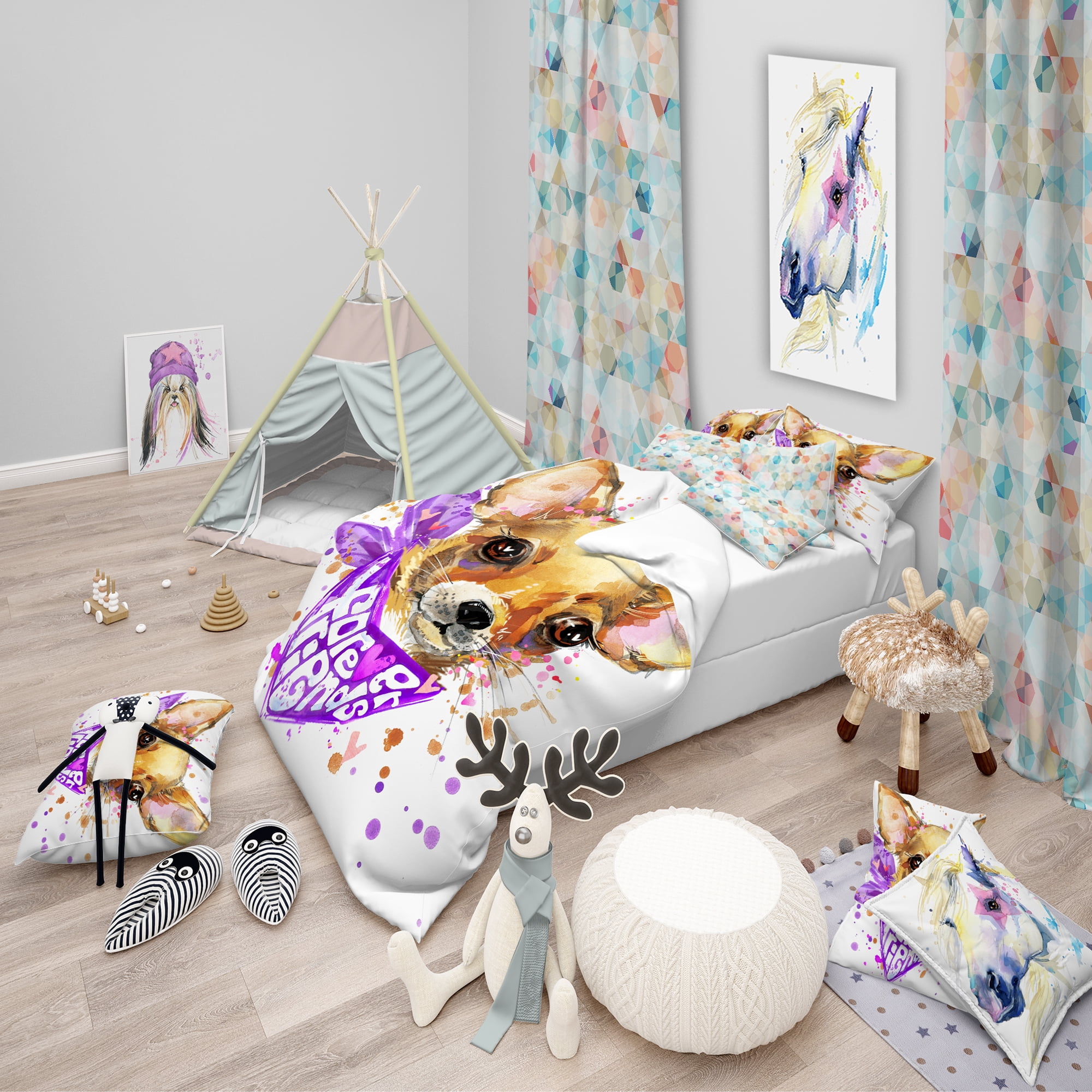 Designart 'Cute Puppy Dog with Neck Shawl' Modern & Contemporary Duvet Cover Set