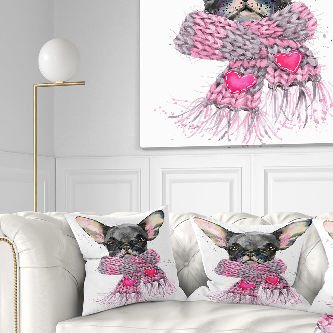 Designart Cute Puppy Dog with Pink Shawl - Animal Throw Pillow - 16x16