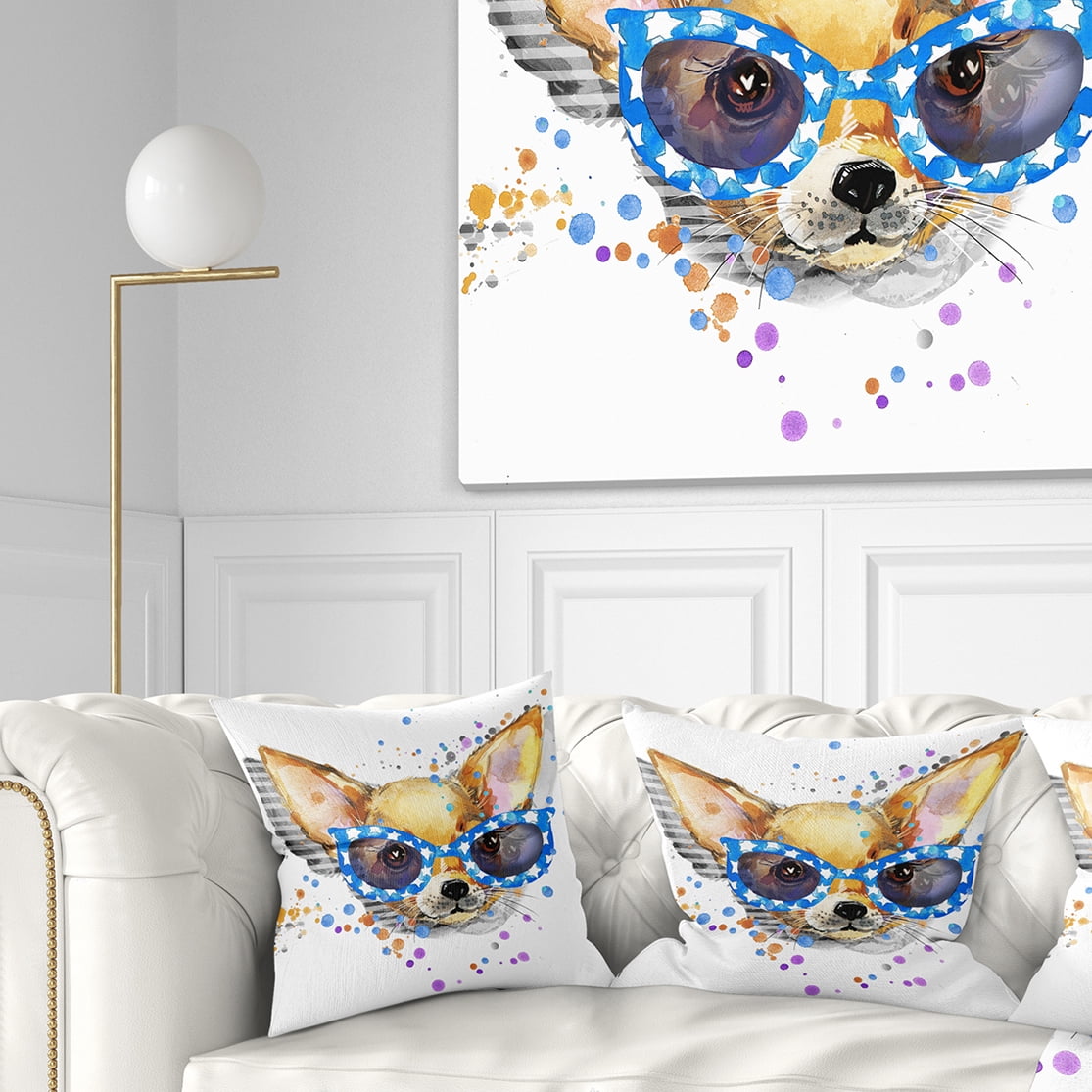 Designart Cute Puppy with Blue Glasses - Animal Throw Pillow - 16x16