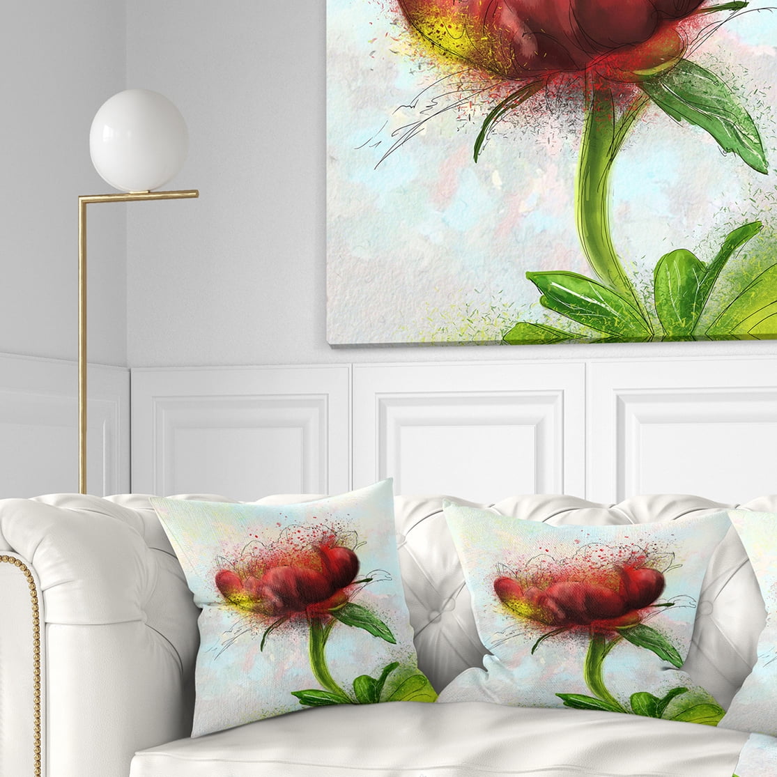 Designart Cute Red Green Watercolor Flower - Floral Throw Pillow - 18x18