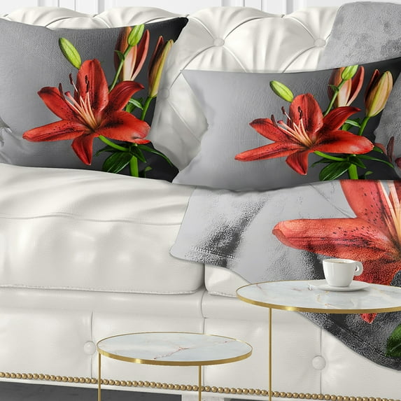 Designart Cute Red Lily Flower over Black - Flowers Throw Pillowwork - 12x20