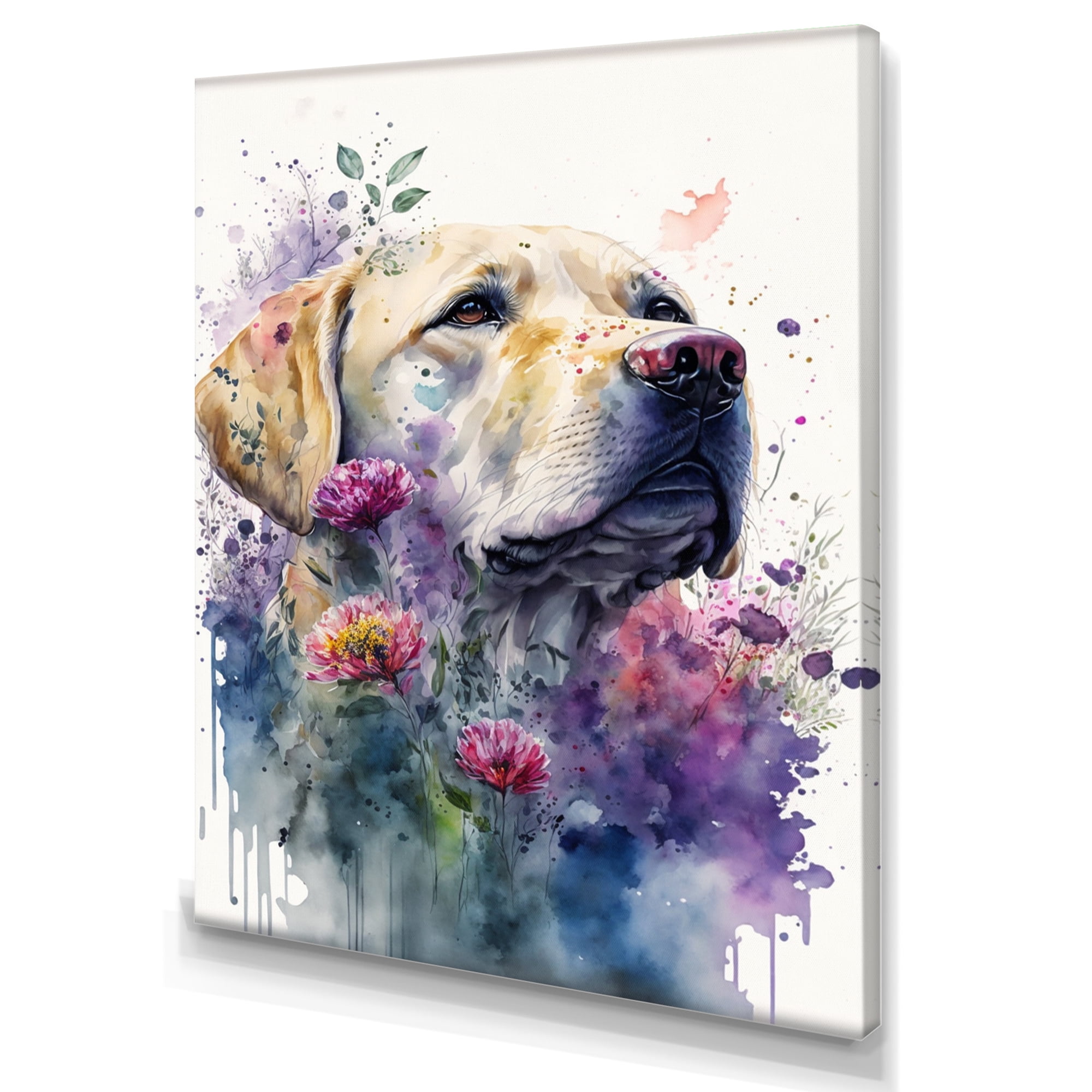 Designart Cute Retrievers Floral Art I Canvas Wall Art