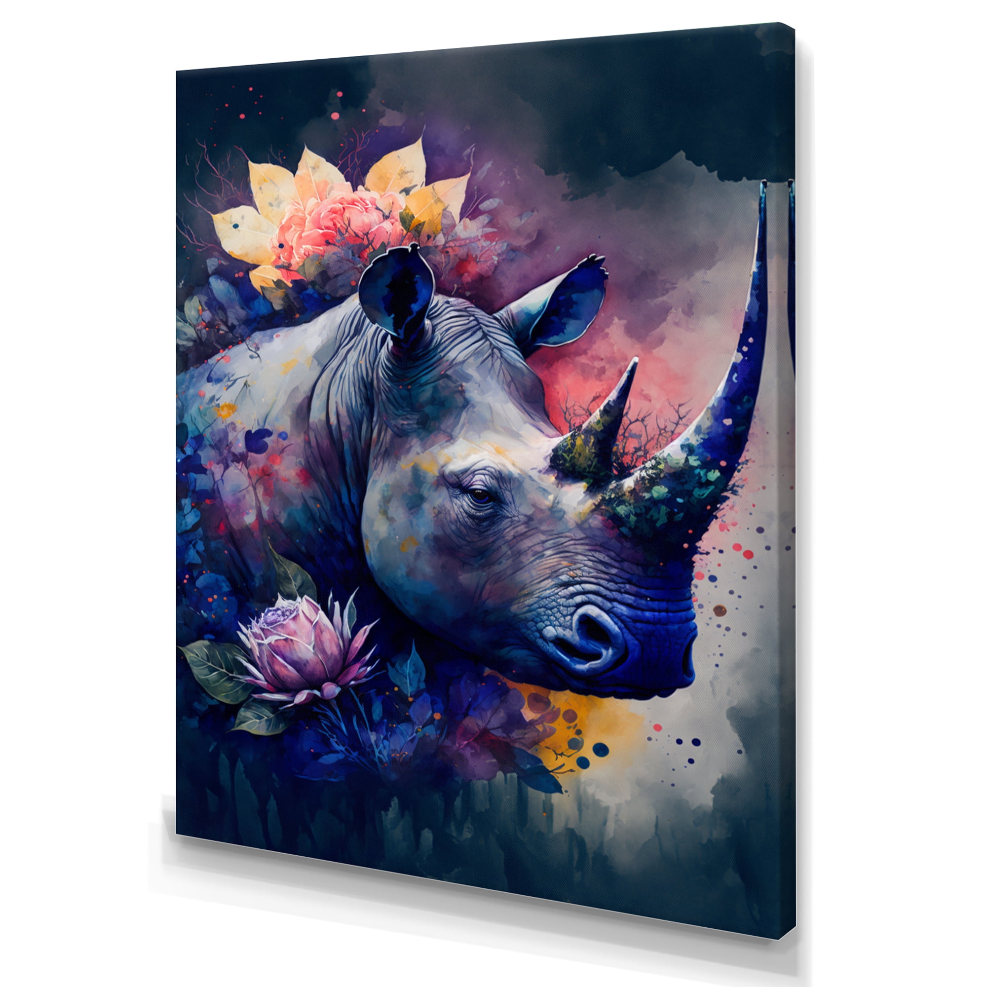 Designart Cute Rhino Floral Art I Canvas Wall Art