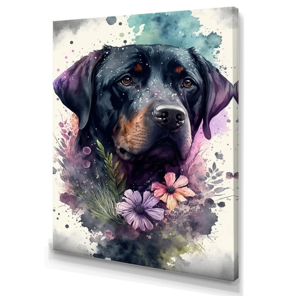 Designart Cute Rottweilers Floral Art II Canvas Wall Art