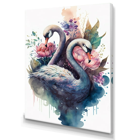 Designart Cute Swans Floral Art II Canvas Wall Art