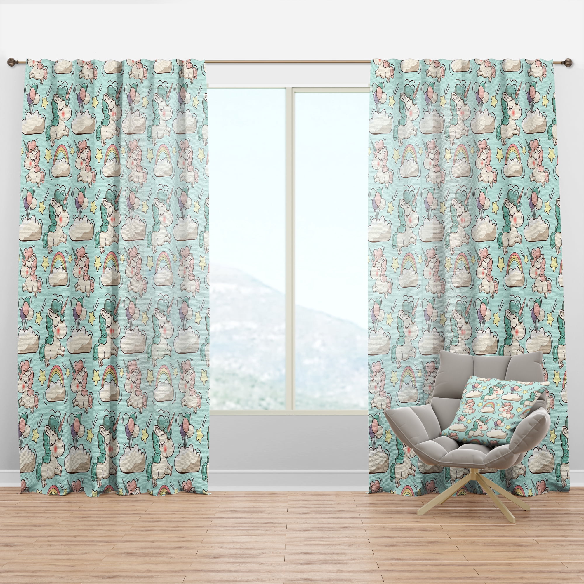Designart 'Cute Unicorns and Clouds With Pattern' Modern Curtain Panel