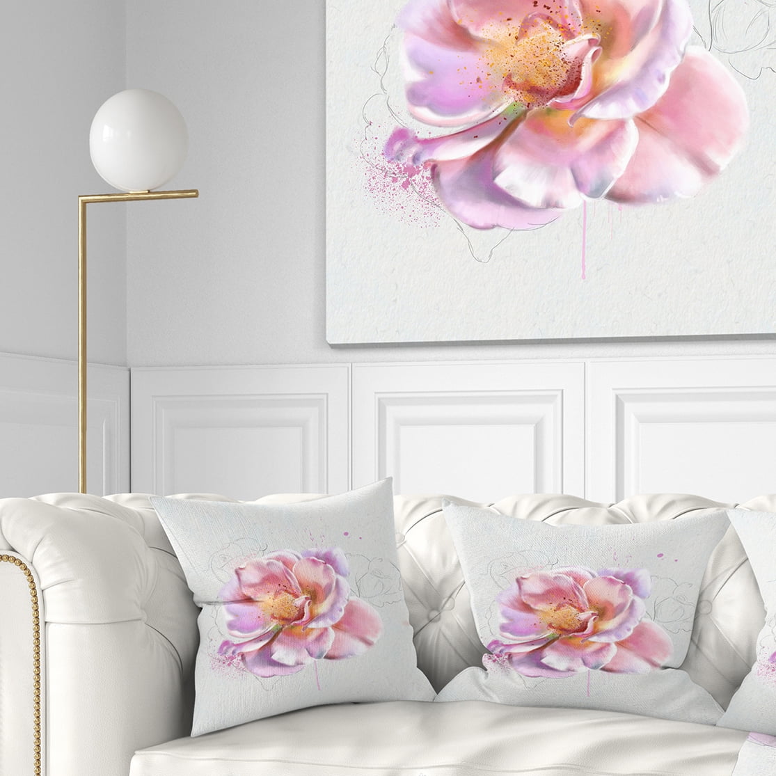 Designart Cute Watercolor Pink Rose Sketch - Flowers Throw Pillowwork - 16x16