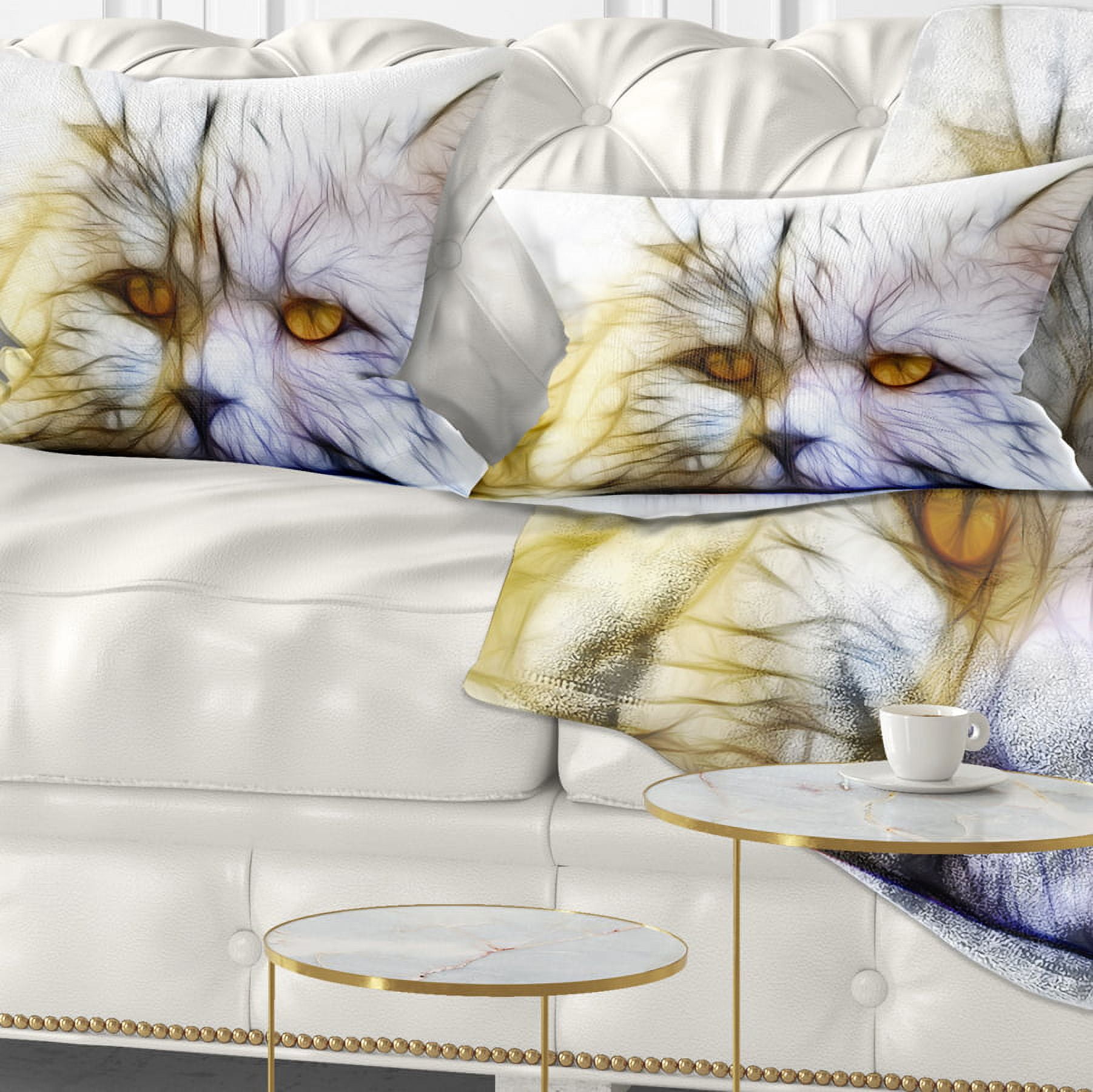 Designart Cute White Cat Fractal Illustration - Animal Throw Pillow - 12x20