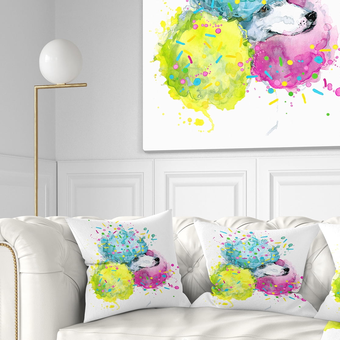 Designart Cute White Dog with Color Spheres - Contemporary Animal Throw Pillow - 16x16