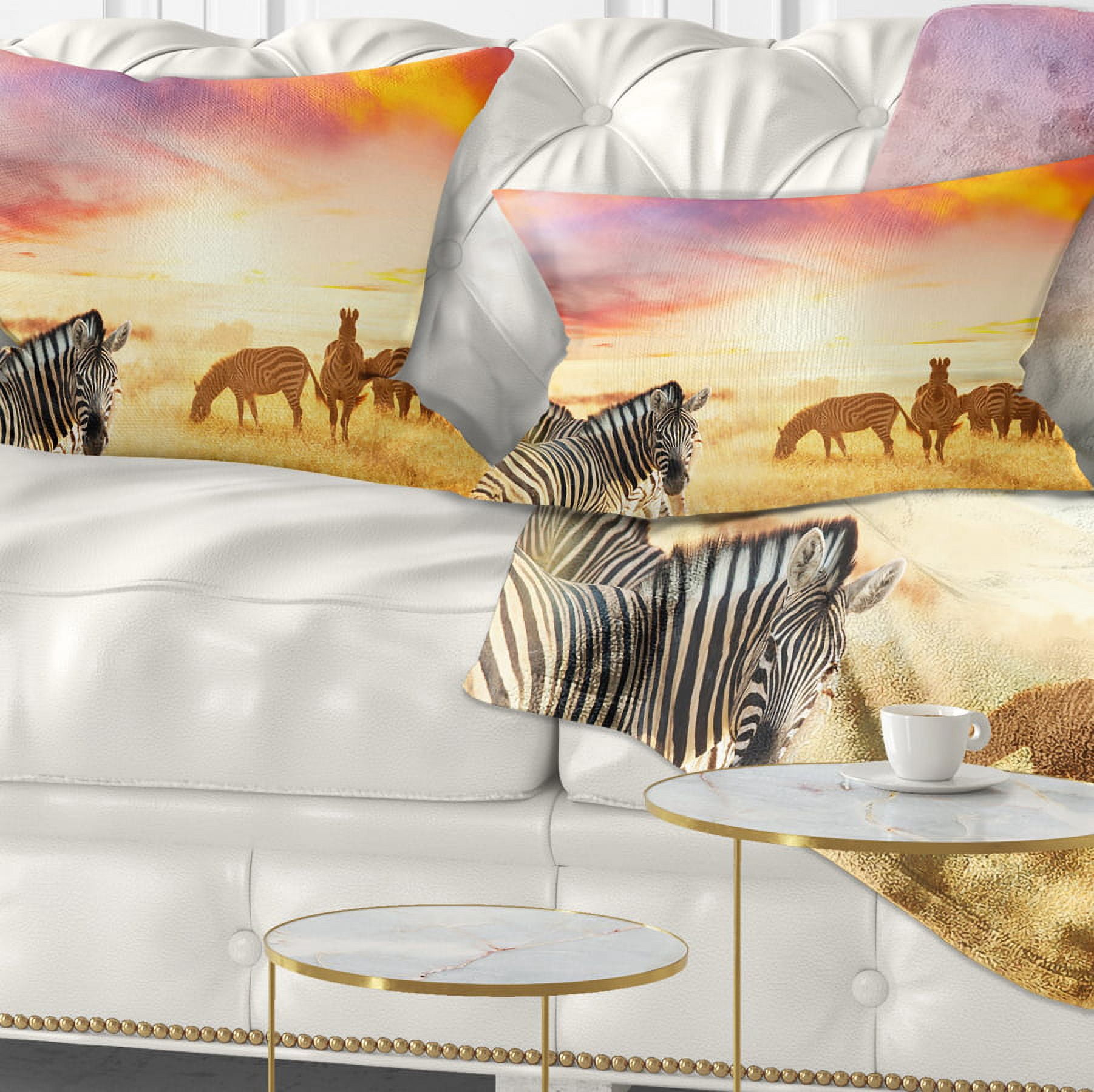 Designart Cute Zebras Grazing in Grassland - Animal Throw Pillow - 12x20