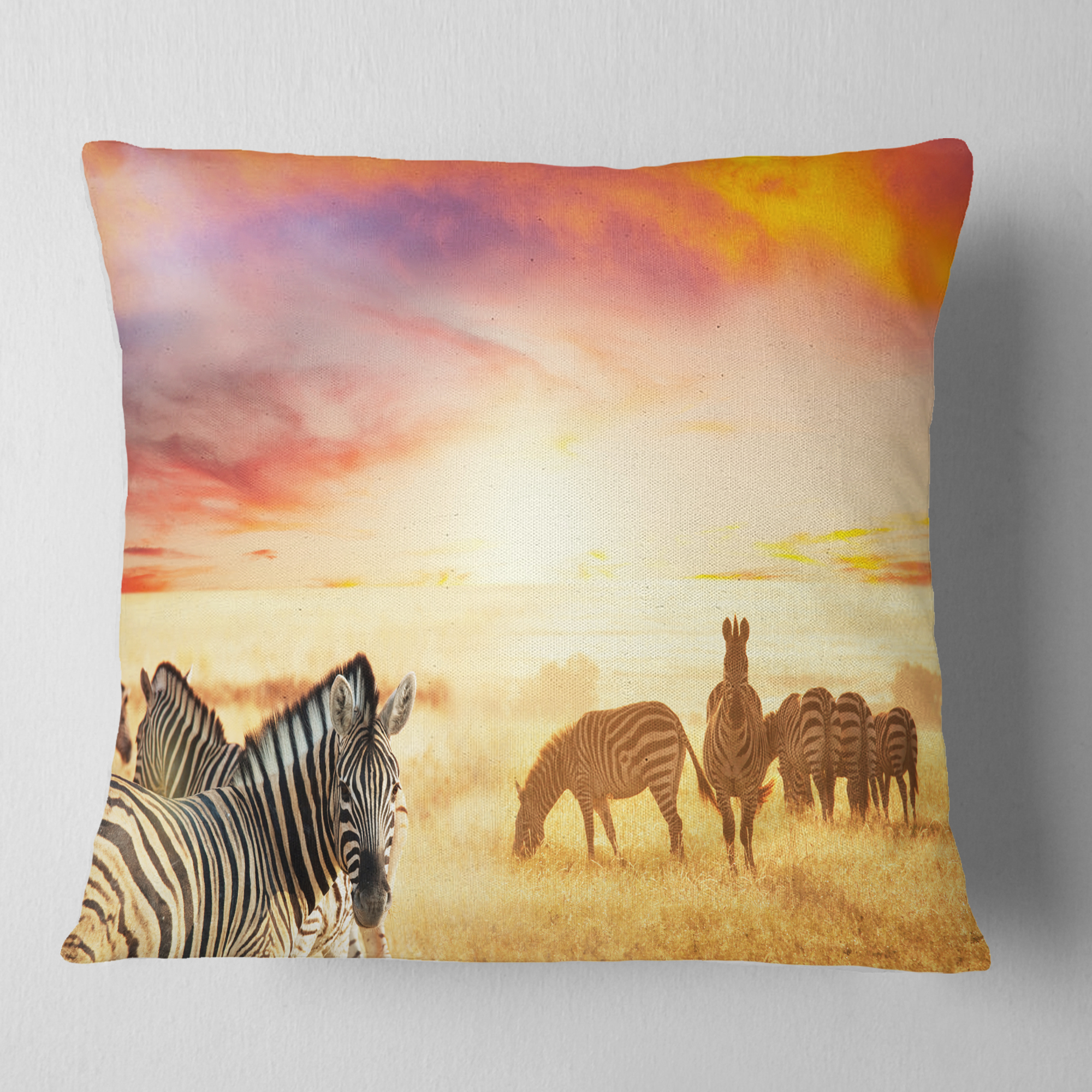 Designart Cute Zebras Grazing in Grassland - Animal Throw Pillow - 16x16