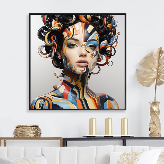 Designart "Cybernetic Woman Portrait Colorful Digital Dreams II" Fashion Framed Wall Art - Glam Colorful Woman Bedroom Framed Canvas Wall Art