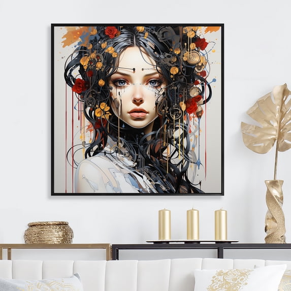 Designart "Cybernetic Woman Portrait Colorful Digital Dreams V" Fashion Framed Wall Art - Glam Colorful Woman Hallway Framed Wall Art Decor