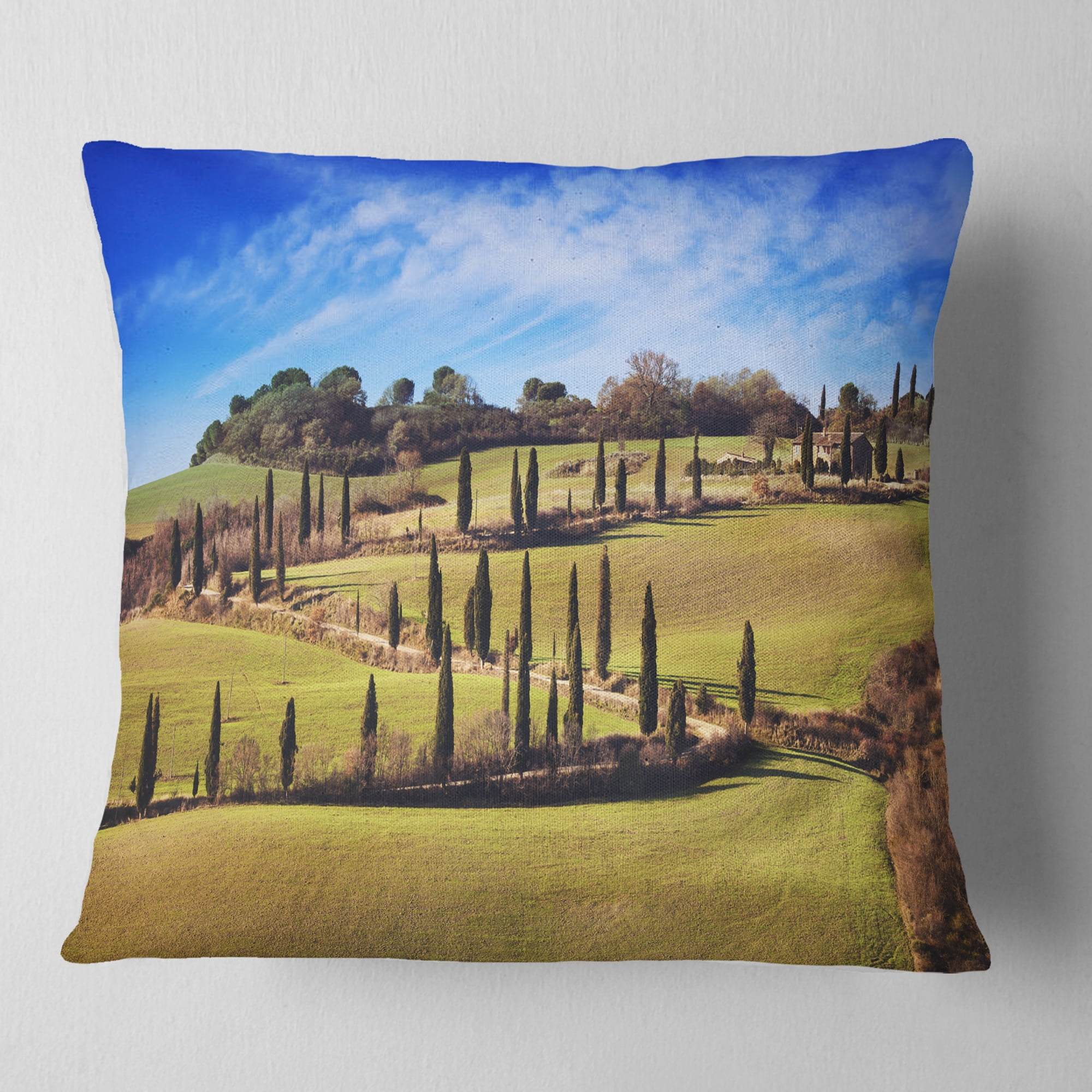 Designart Cypress Trees Scenic Road Siena Italy - Landscape Wall Throw Pillow - 16x16