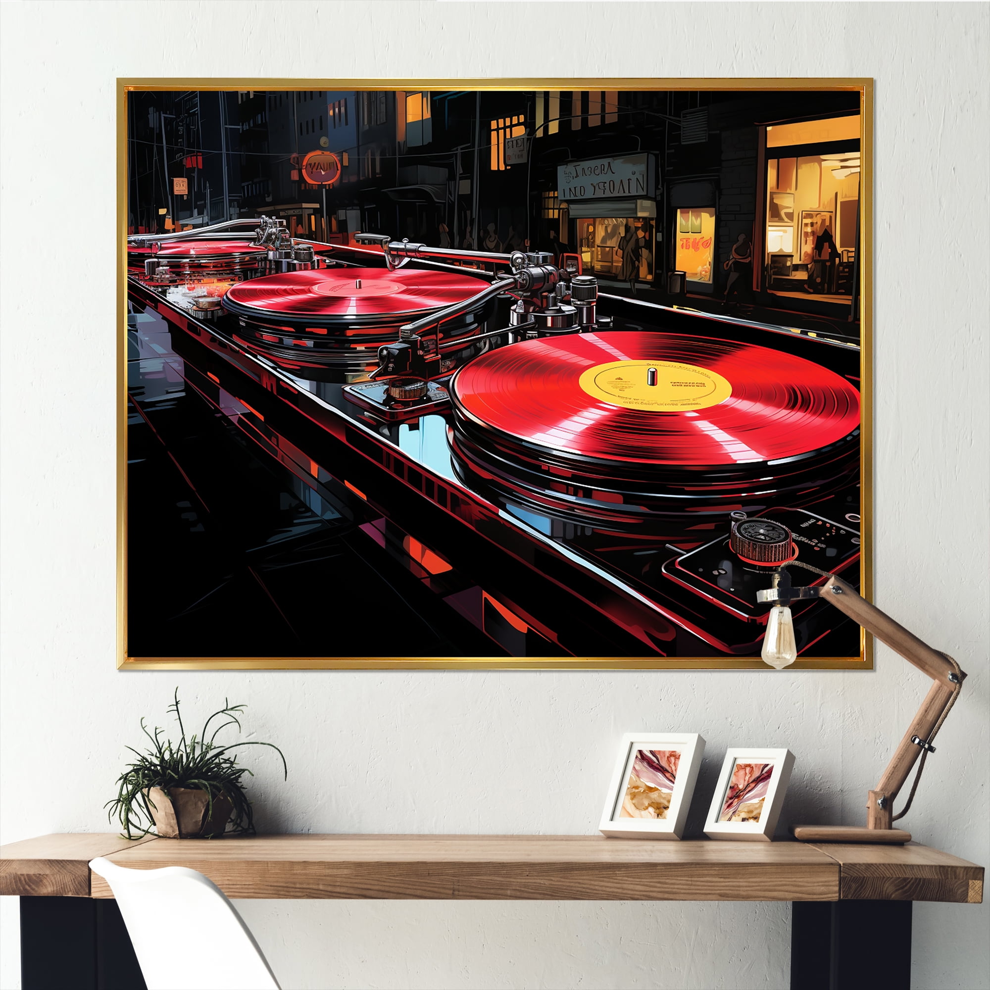 Designart "DJ Turntables A Fusion of Purple and Black" Fashion Framed