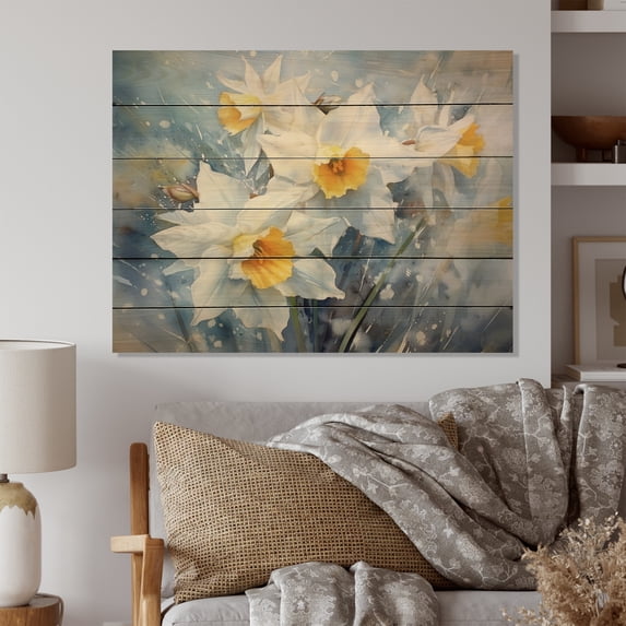 Designart "Daffodils in Yellow and White A Nature s Impression II" Floral Print on Natural Pine Wood