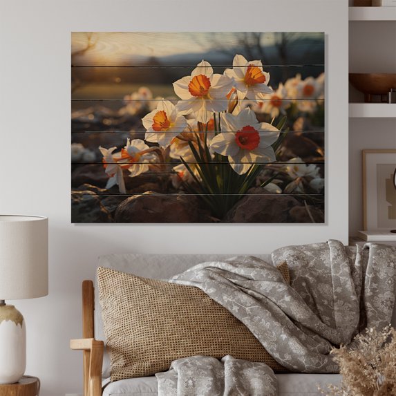 Designart "Daffodils landscape Sunset II" Floral Print on Natural Pine Wood