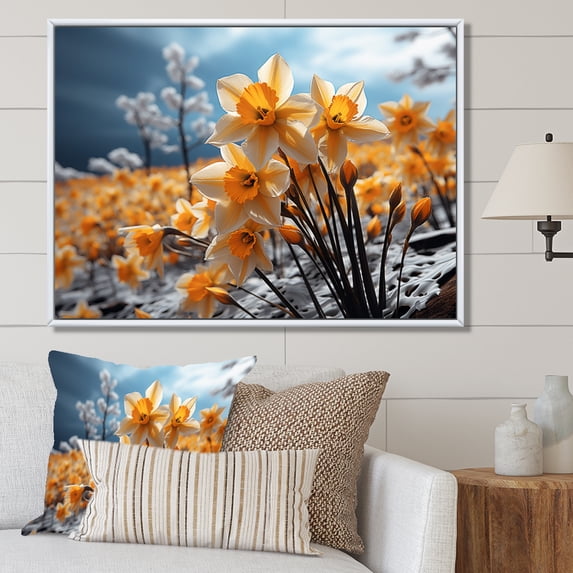 Designart "Daffodils landscape Yellow Vibrant II" Floral Floater Framed Wall Art Print