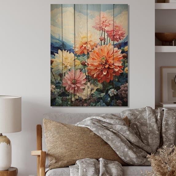 Designart "Dahlia landscape Pointillism Dot" Floral Print on Natural Pine Wood