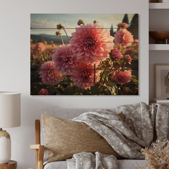 Designart "Dahlia landscape Sunrise II" Floral Print on Natural Pine Wood