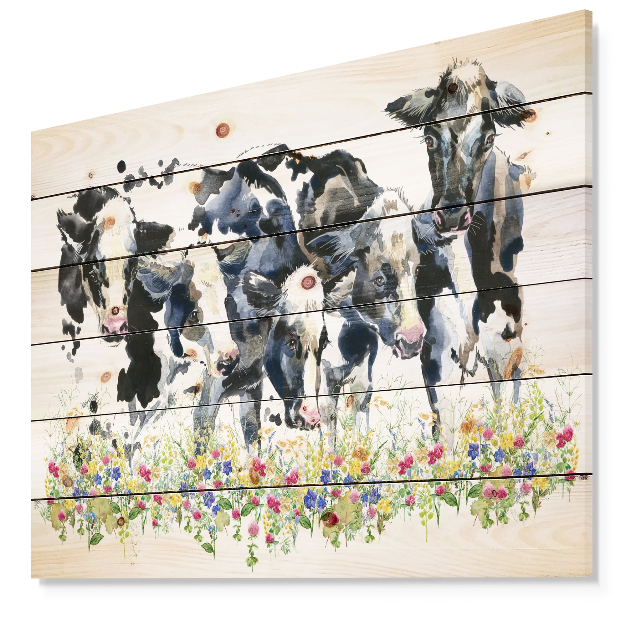 Designart 'Dairy cow on field' Farmhouse Animal Painting Print on Natural Pine Wood