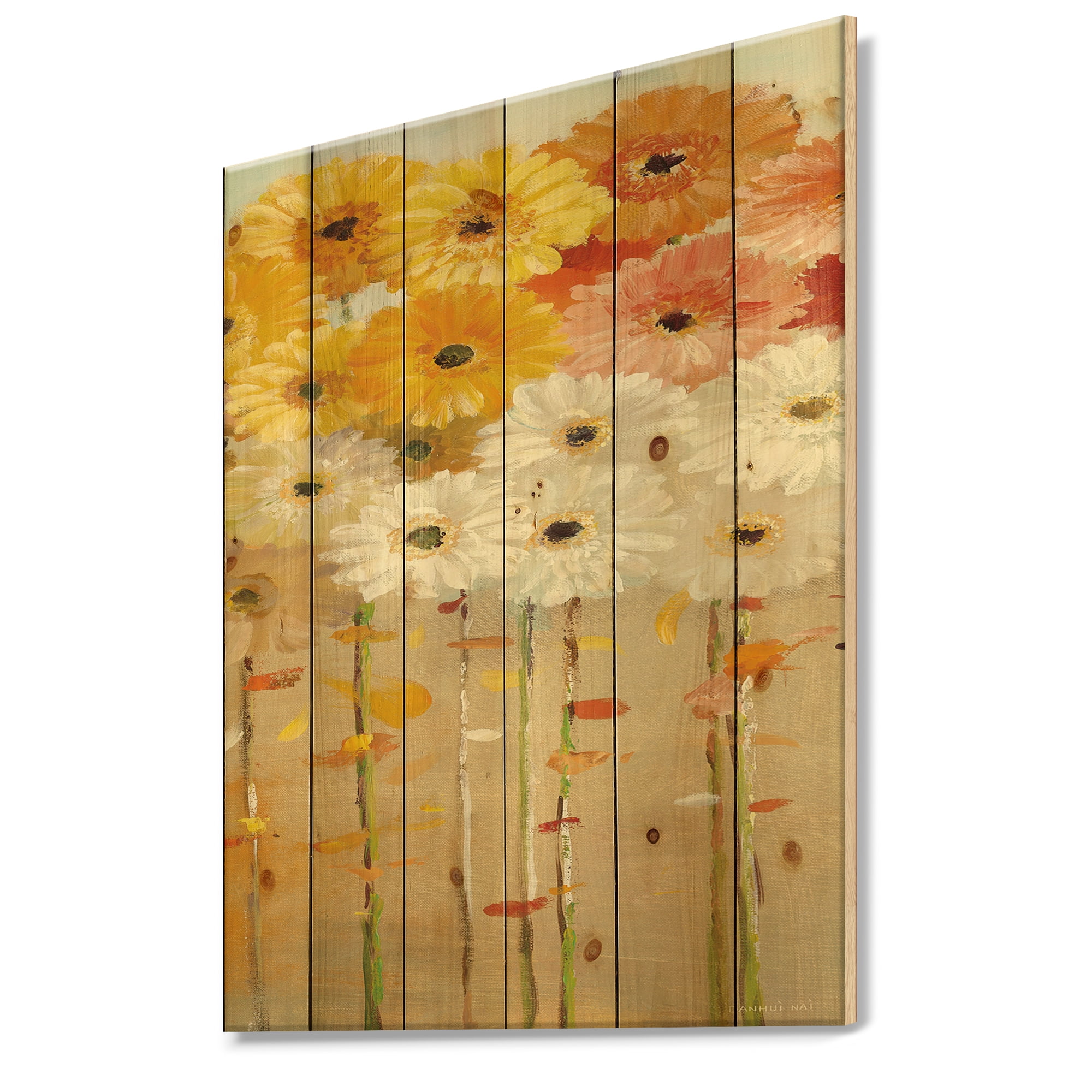 Designart 'Daisies Fall I' Floral & Botanical Print on Natural Pine Wood