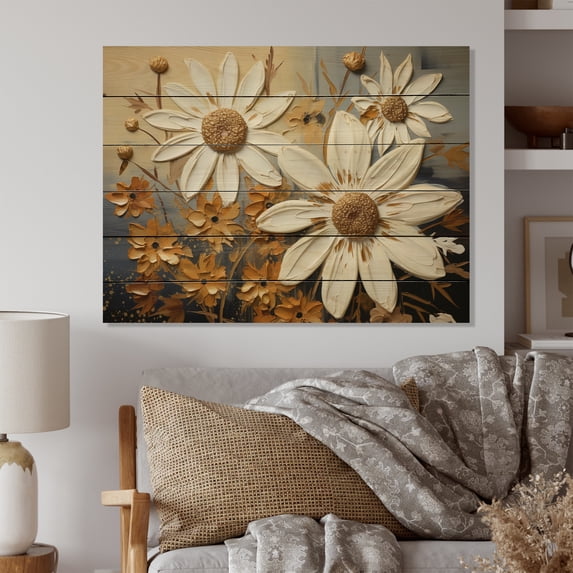 Designart "Daisies Golden Daisies Painting I" Floral Print on Natural Pine Wood