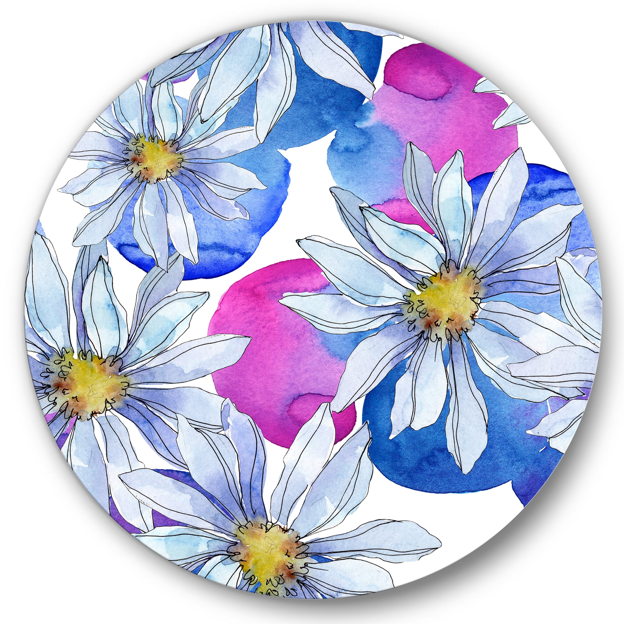 Designart 'Daisies On Red and Blue Backgorund' Traditional Circle Metal Wall Art 29x29 - Disc of 29