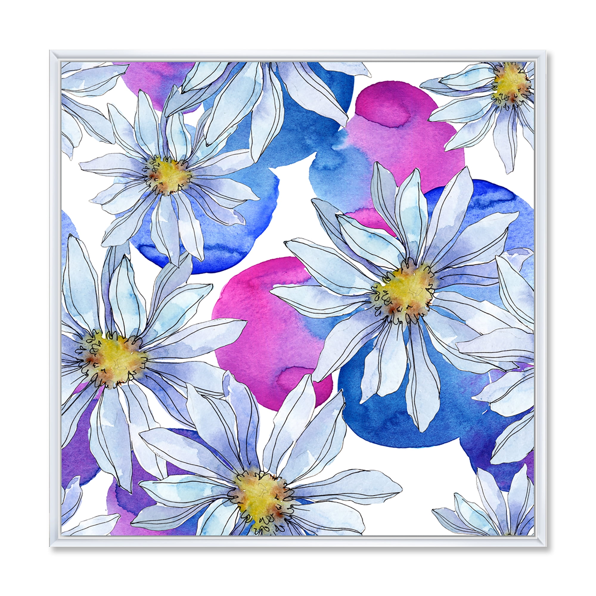 Designart 'Daisies On Red and Blue Backgorund' Traditional Framed Canvas Wall Art Print