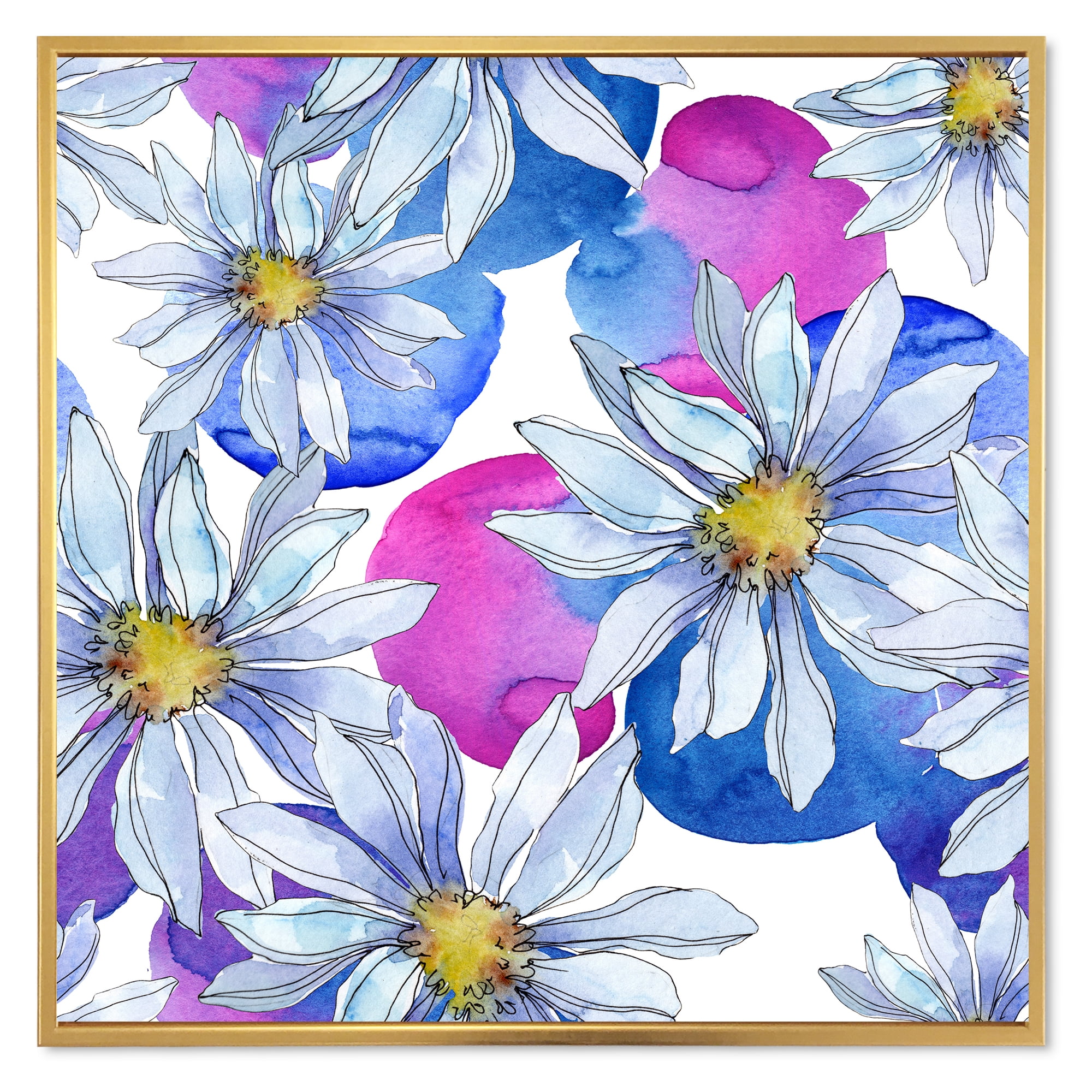Designart 'Daisies On Red and Blue Backgorund' Traditional Framed Canvas Wall Art Print