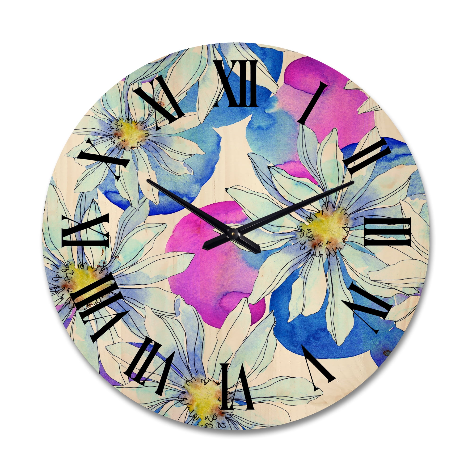 Designart 'Daisies On Red and Blue Backgorund' Traditional Wood Wall Clock