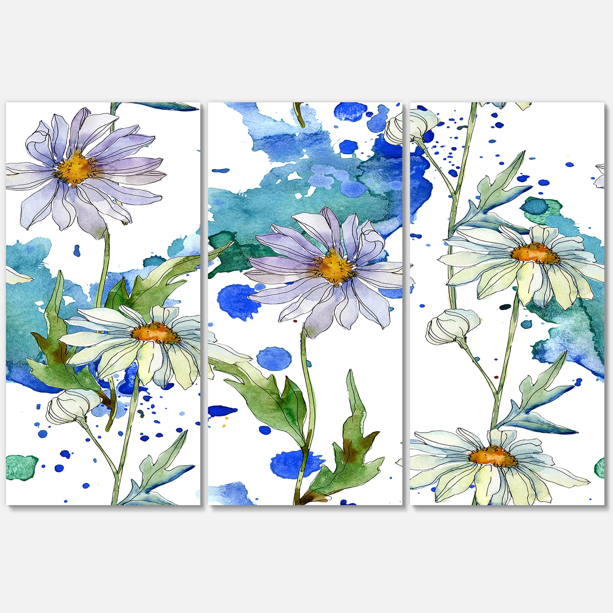 Designart ' Daisies With Green Leaves and Background ' Traditional Canvas Wall Art Print