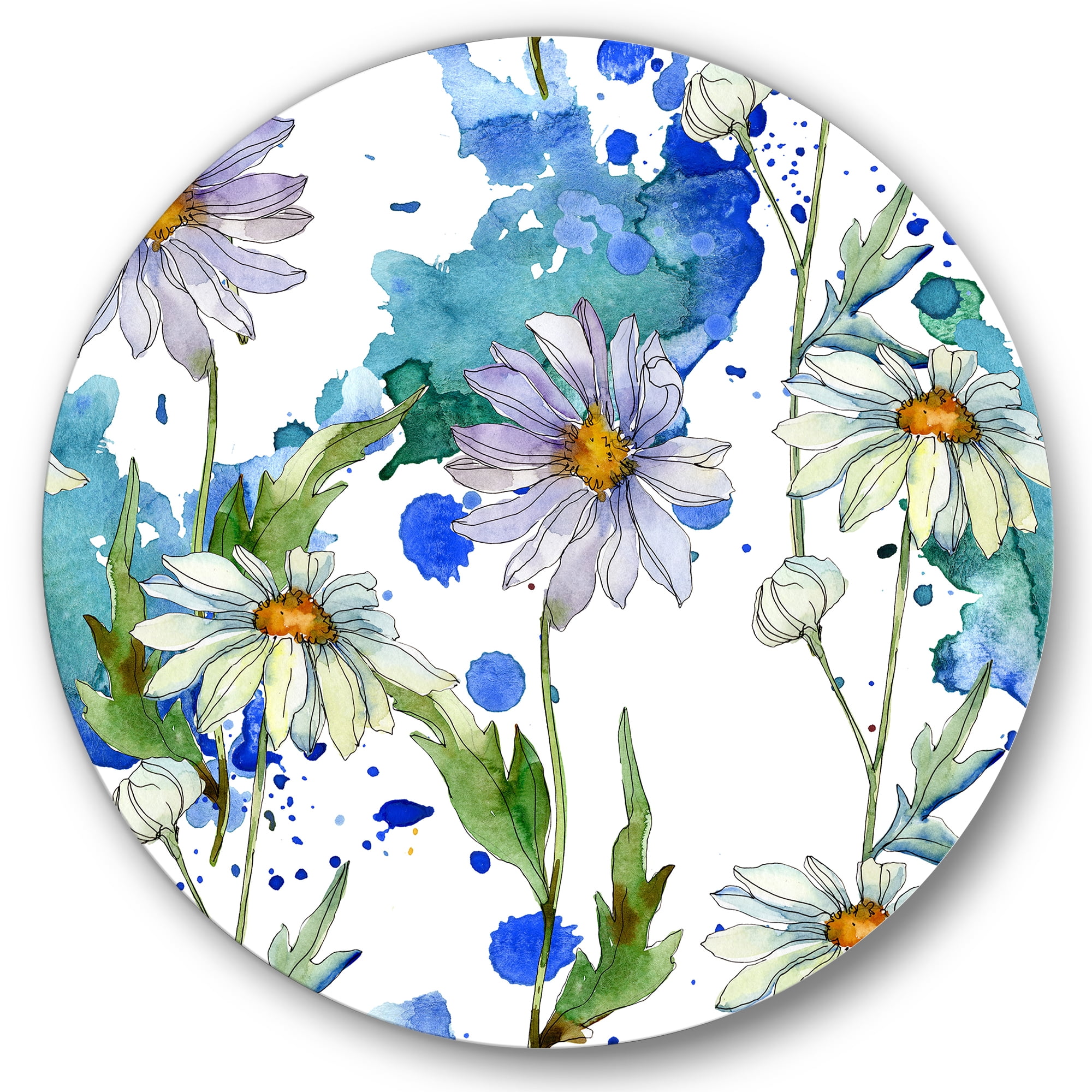 Designart 'Daisies With Green Leaves and Background' Traditional Circle Metal Wall Art 11x11 - Disc of 11