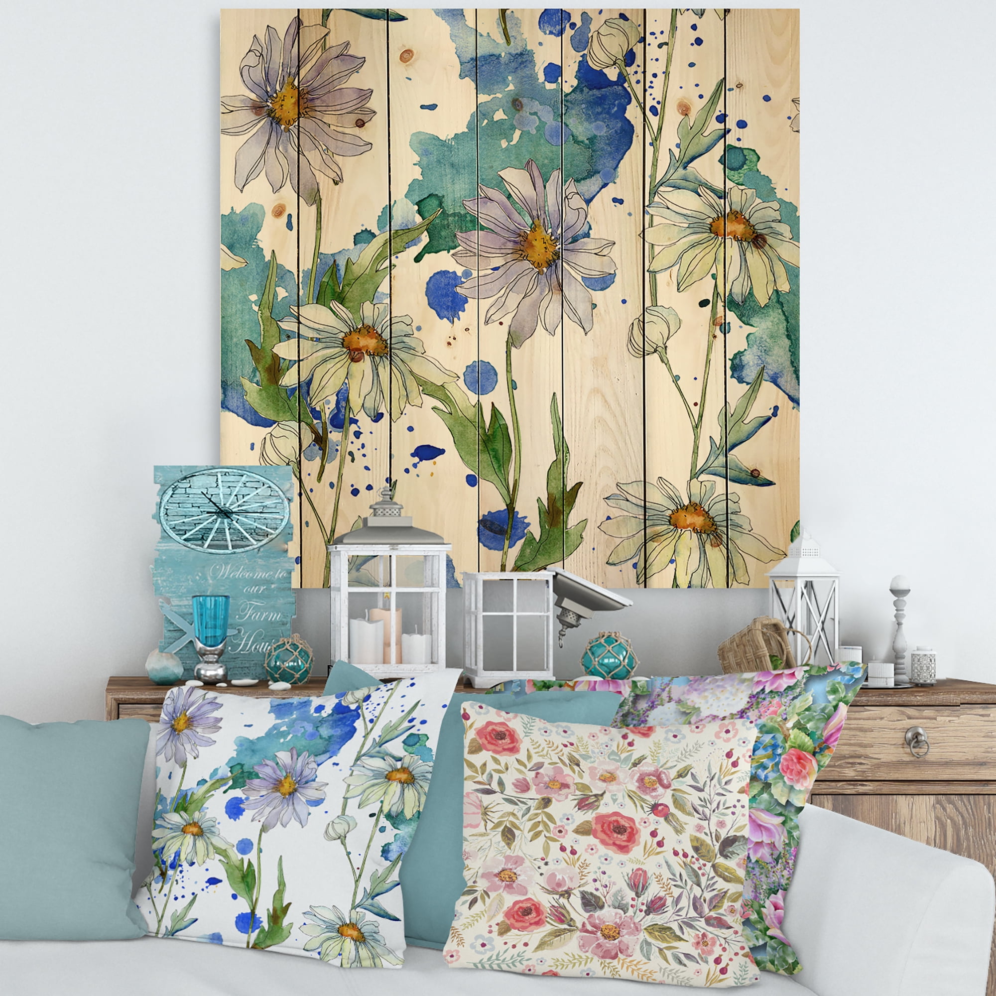 Designart 'Daisies With Green Leaves and Background' Traditional Print on Natural Pine Wood